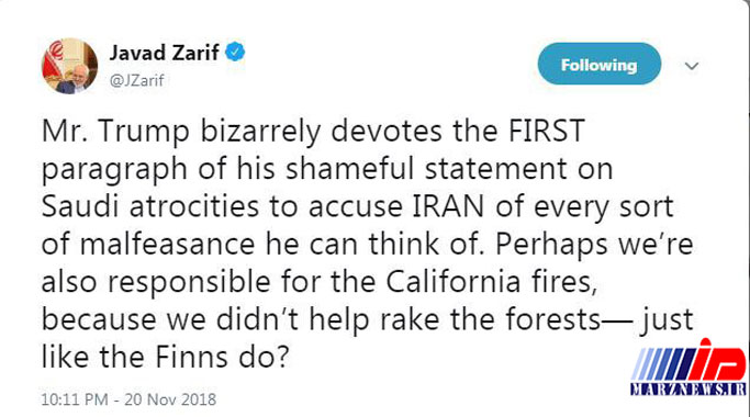 واکنش ظریف به بیانیه ترامپ درباره قتل خاشقچی